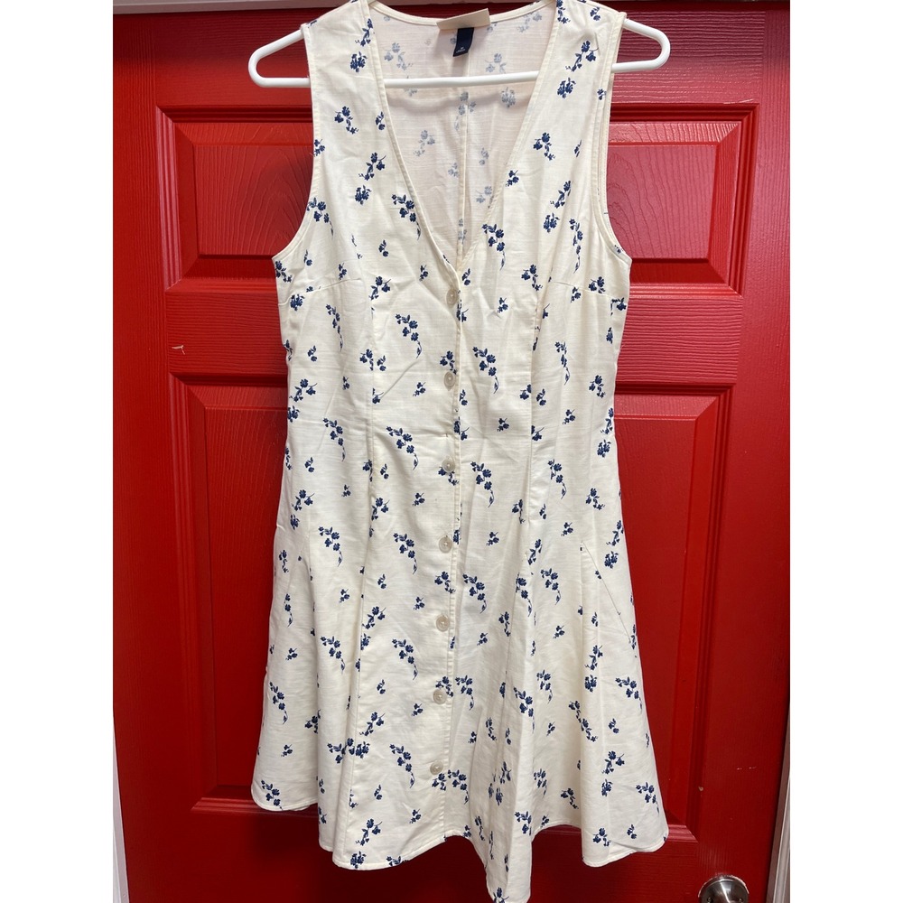 Universal Thread Cream Blue Floral Button Front Sleeveless Midi Dress M Pockets